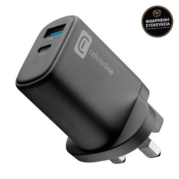 Cellular Line Dual GaN USB-C 45W Black UK 1 · φθαρμένη συσκευασία