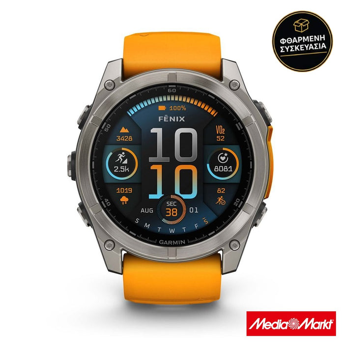 Garmin fēnix 8 51mm Sapphire Titanium with Spark Orange and Graphite · φθαρμένη συσκευασία