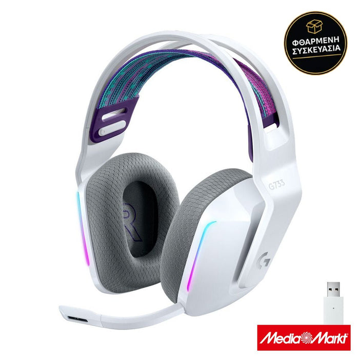Logitech G733 Lightspeed Wireless Lightsync RGB with BLUE VO!CE White · φθαρμένη συσκευασία